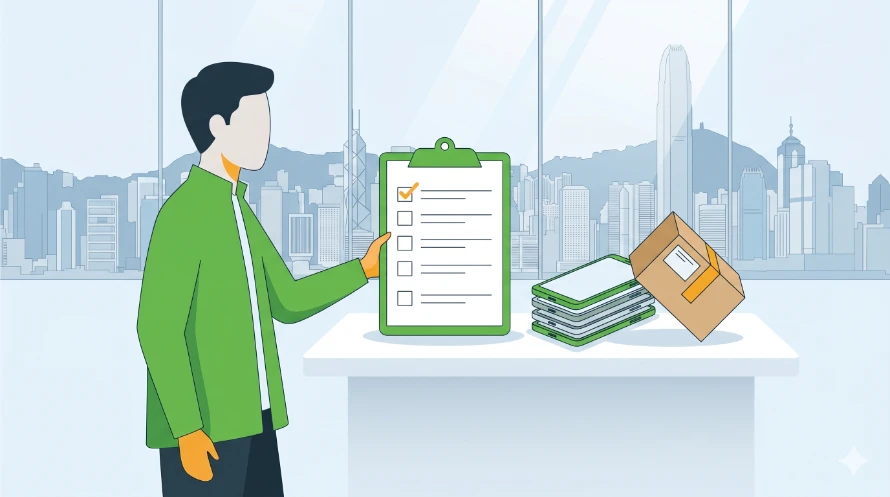 Businessperson in a green jacket checks a clipboard with a checklist on a desk, with folders and a box nearby and a city skyline in the background.] ,