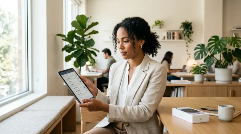 Professional Southeast Asian woman in a smart-casual white blouse seated at a clean modern desk