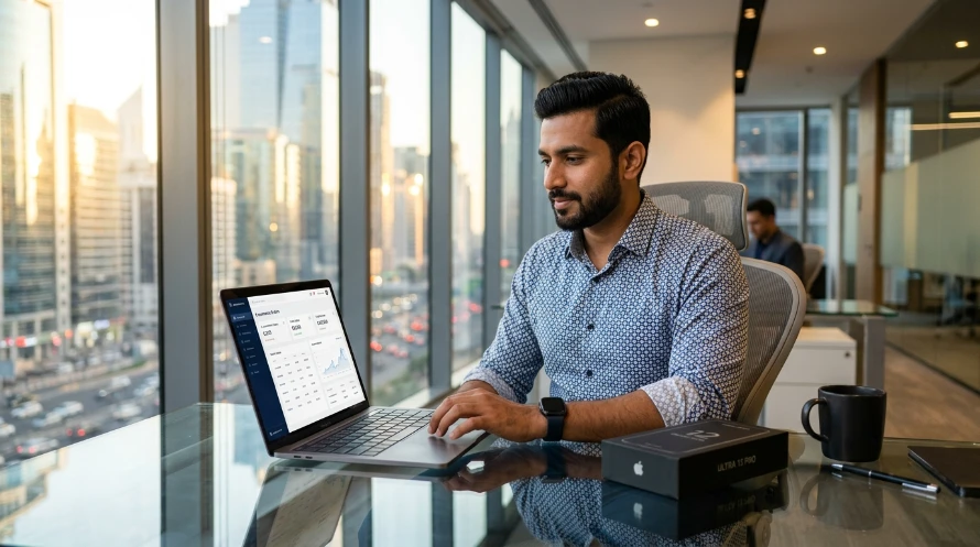 Man in a blue patterned shirt typing on a laptop at a glass-walled office with a city skyline outside.