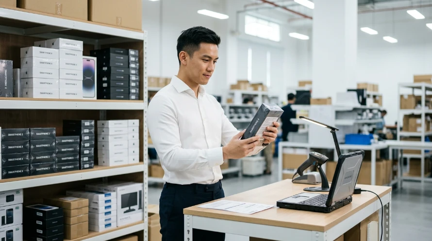 A man in a white shirt stands at a counter in a warehouse, inspecting a boxed product while a laptop and barcode scanner sit on the desk.