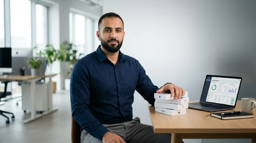 Male reseller with smartphone boxes