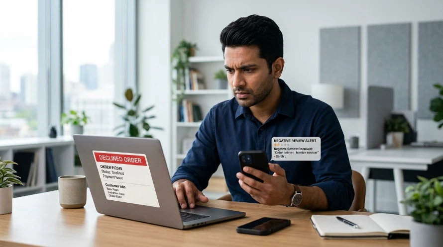 Professional South Asian man in a collared shirt sitting at a modern office desk, frowning at a laptop screen displaying a declined order notification