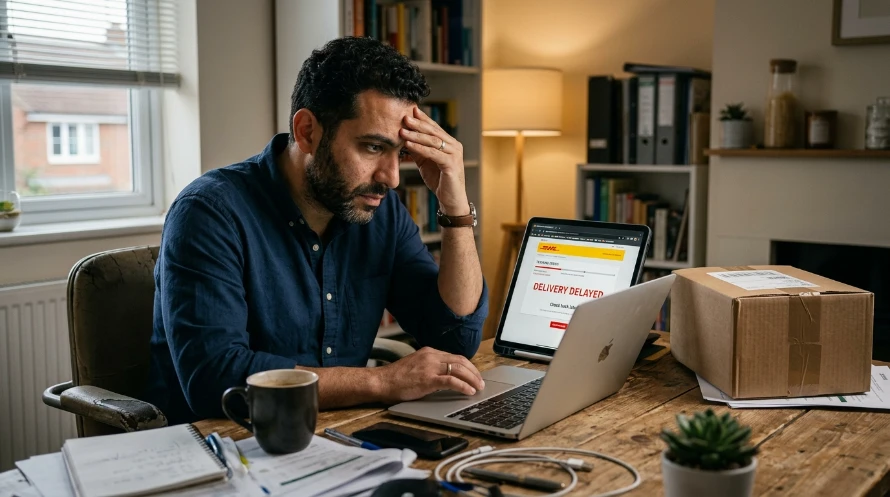 An anxious man sits at a cluttered desk with a laptop and a boxed package, checking an email about a delivery delay.
