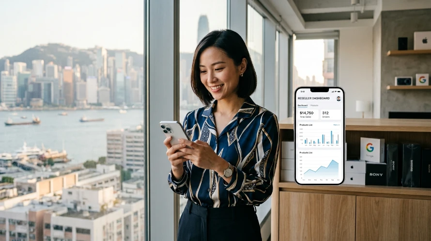 Woman in a blue patterned blouse stands by a window, smiling at her phone with a city skyline in the background, bright daylight flooding the space.