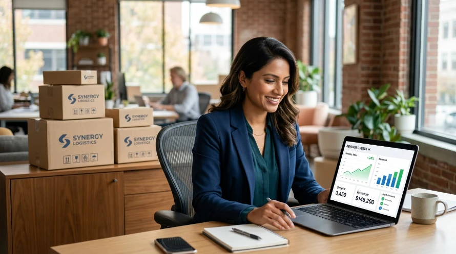 Woman in a blue blazer sits at a desk, reviewing data on a laptop with charts visible on screen in a modern office.