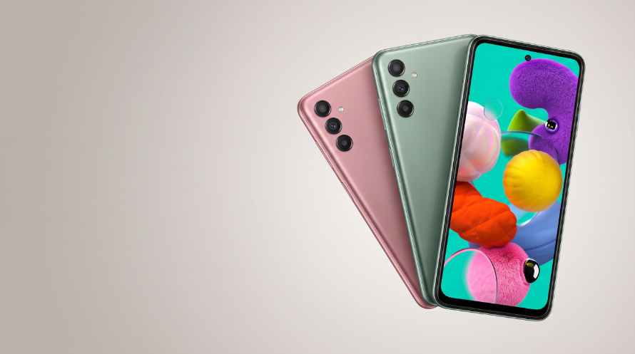 Three mid-range smartphones arranged in a dynamic fan layout