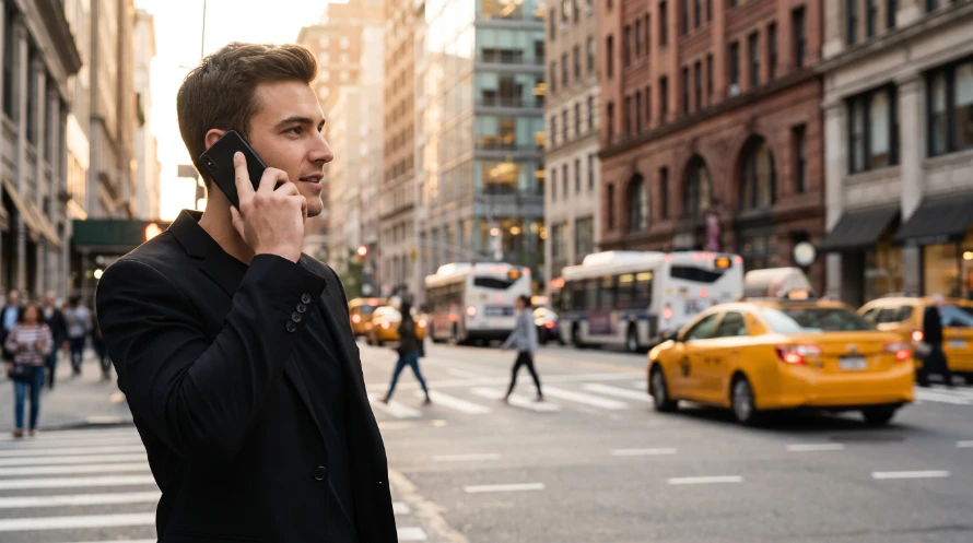 A young man in an all-black blazer and shirt holding a premium black smartphone to his ear