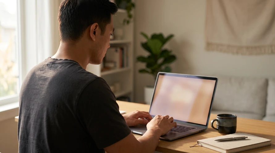 Reseller drafting a supplier enquiry email at a home workspace